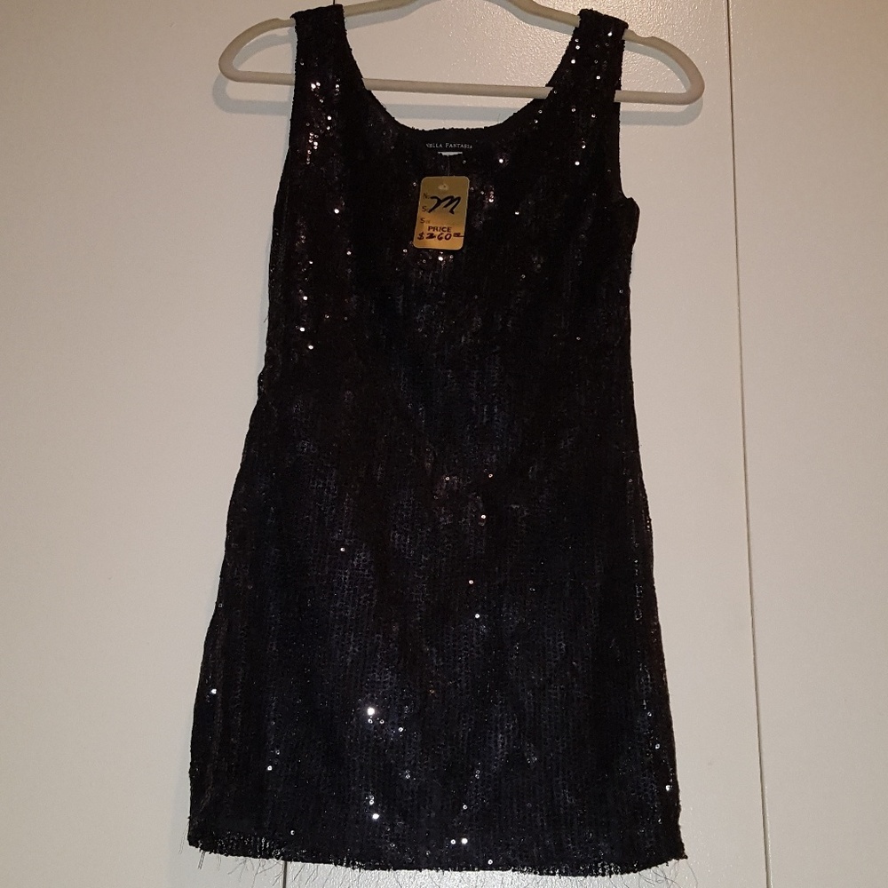 $260 Luxury Black Sequined Mini Dress NWT Sparkly Sequins Sleeveless Prom Formal